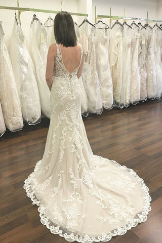 Long V-neck Wide Straps Lace Open Back Mermaid Wedding Dress