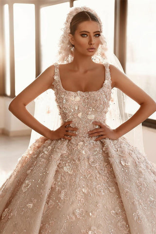 Luxurious A-line Appliques Princess Wedding Dresses With Detachable Train