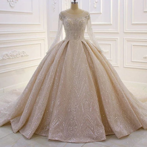 Luxurious A-line Lace Sequined Wedding Dress With Long Sleeves