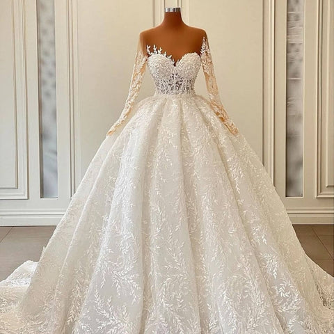 Luxurious A-line Long Sleeve Lace Ball Gown Princess Wedding Dresses