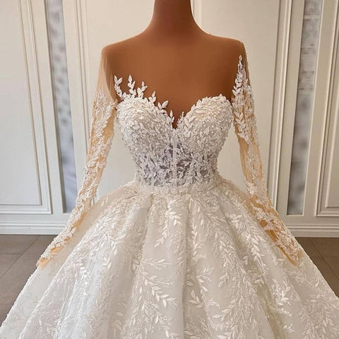 Luxurious A-line Long Sleeve Lace Ball Gown Princess Wedding Dresses