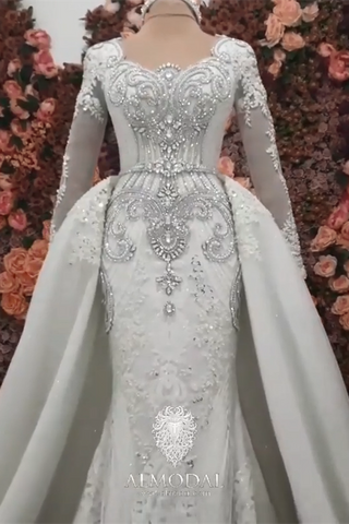 Luxurious A-line Long Sleeves Beading Wedding Dress With Train