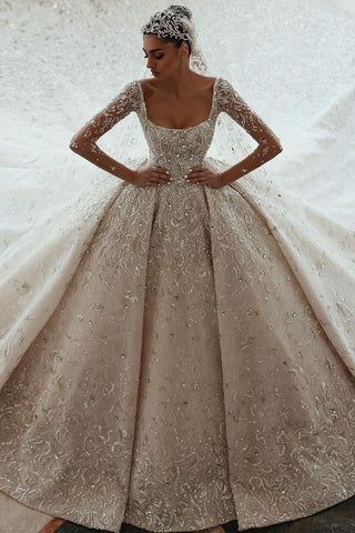 Luxurious A-line Long Sleeves Lace Wedding Dress With Train