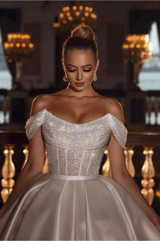 Luxurious Long Ball Gown Off The Shoulder Sparkly Sequins Satin Wedding Dress