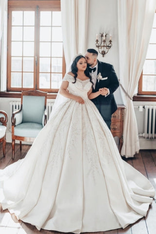 Luxurious Long White Off-the-shoulder A-line Satin Wedding Dress with Lace