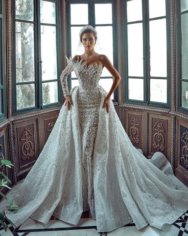 Luxurious Long White One Shoulder A-line Beading Pearls Long Sleeve Weeding Dress With Train