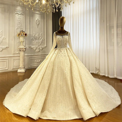 Luxurious Princess Ivory Long Sleeves A-line Wedding Dress With Beads