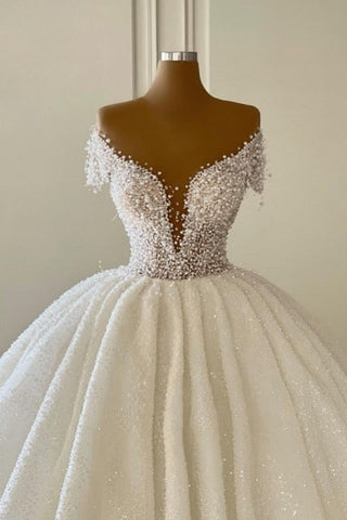 Luxurious Princess Off-the-shoulder V-neck A-line Wedding Dresses With Glitter