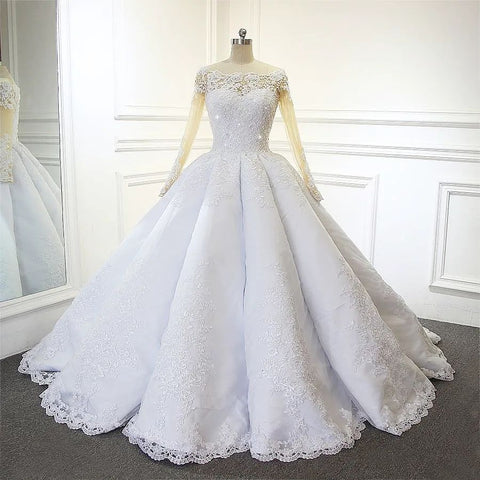 Luxurious Princess White A-line Long Sleeves Lace Wedding Dress