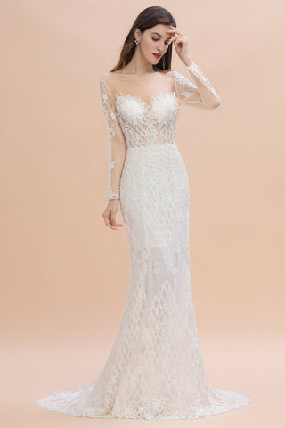 Luxury Beaded Lace Mermaid Wedding Dresses Tulle Appliques Bride Dresses with Detachable Train