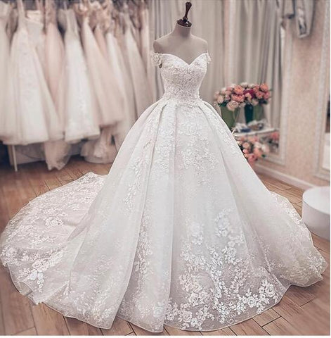 Luxury Long A-Line Off the Shoulder Lace Wedding Dresses