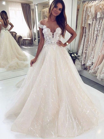Luxury Long A-line Off-the-shoulder Tulle Open Back Glitter Wedding Dress