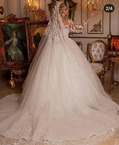 Luxury Long Ball Gown Glitter Wedding Dress with Puffy Sleeves