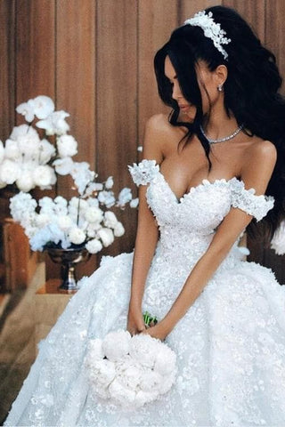 Luxury Long Ball Gown Off The Shoulder Appliques Lace Wedding Dresses