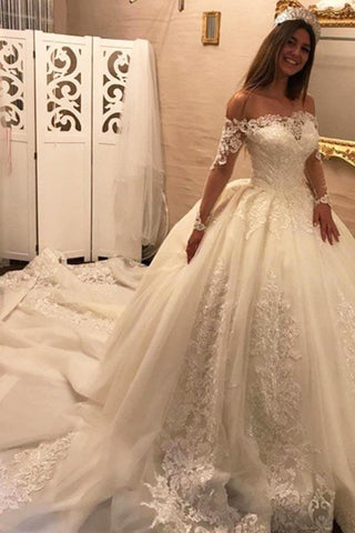 Luxury Long Ball Gown Off the Shoulder Chapel Train Appliques Wedding Dress with Sleeves