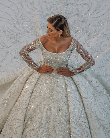 Luxury Long Ball Gown Sequin Off The Shoulder Backless Wedding Dress with Sleeves