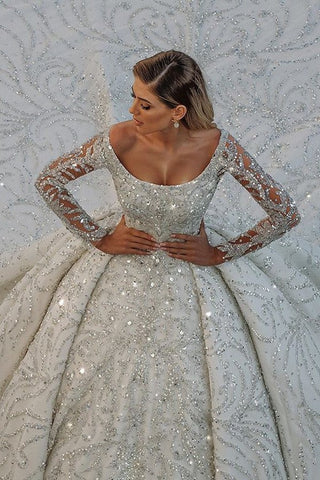 Luxury Long Ball Gown Sequin Off The Shoulder Backless Wedding Dress with Sleeves