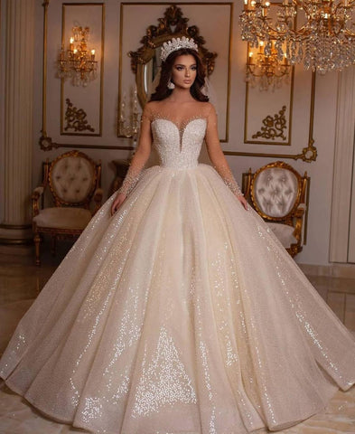 Luxury Long Ball Gown Sweetheart Sparkly Wedding Dress with Sleeves