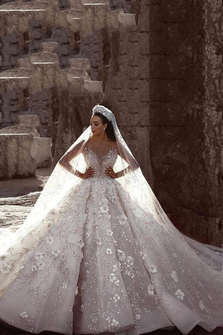 Luxury Long Sleeve Lace Ball Gown Beaded Wedding Dress