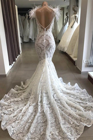 Luxury White Hollow Sweetheart Open Back Lace Long Wedding Dress with Fur Neckline