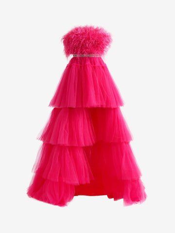 A-line High-Low Strapless Ruffled Tulle Prom Dress with Feathers