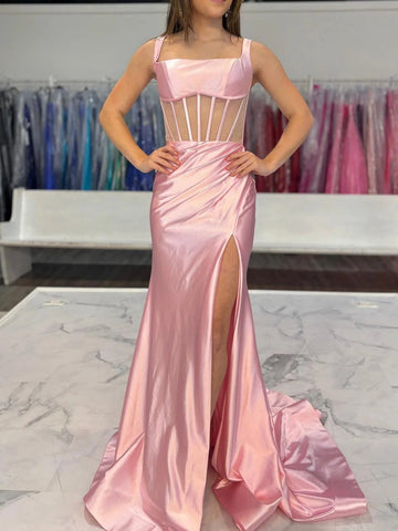 Melo | Vestido de fiesta sirena rosa fucsia plisado con tirantes y abertura 
