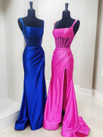 Melo | Vestido de fiesta sirena rosa fucsia plisado con tirantes y abertura 