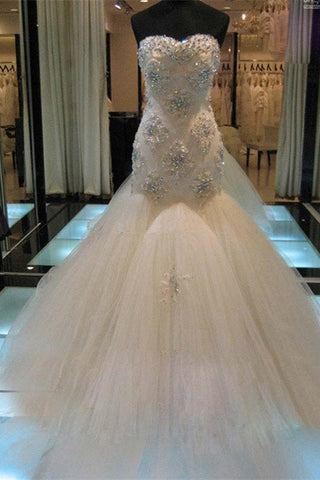 Mermaid Beading Sleeveless Tulle Sweetheart Wedding Dress