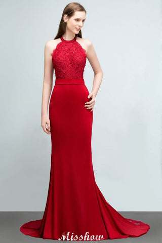 Mermaid Charmeuse Lace Halter SleevelessBridesmaid Dress Floor-Length Prom Dress