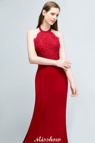 Mermaid Charmeuse Lace Halter SleevelessBridesmaid Dress Floor-Length Prom Dress