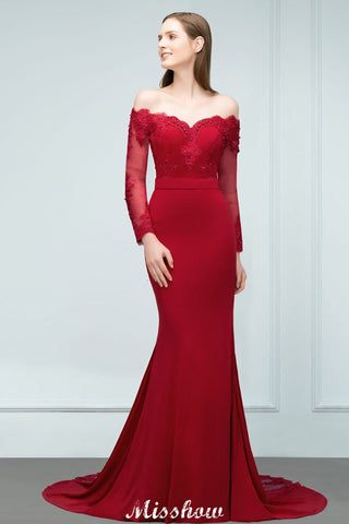 Mermaid Charmeuse Off-the-Shoulder V-Neck Floor-Length Bridesmaid Dress with Appliques