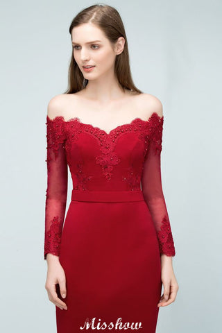 Mermaid Charmeuse Off-the-Shoulder V-Neck Floor-Length Bridesmaid Dress with Appliques