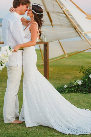 Mermaid Lace V-neck Court Train Beach Wedding Dress WD107