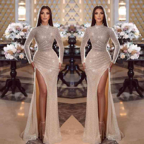 Vestidos de fiesta modernos de sirena con cuello alto, mangas largas, lentejuelas y abertura.