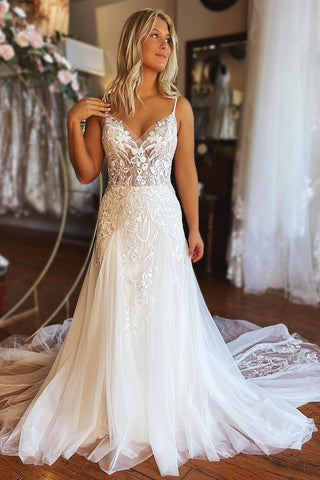 Robe de mariée moderne longue trapèze à fines bretelles en dentelle sans manches