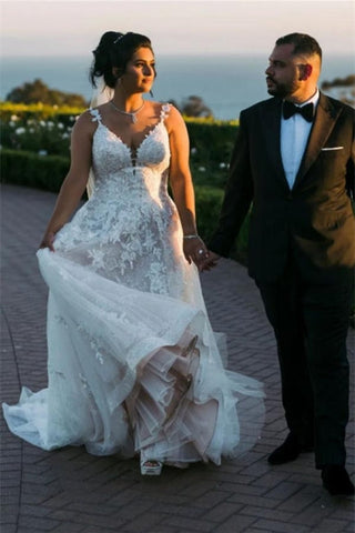 Vestidos de novia modernos sin mangas con escote en V y corte en A con encaje