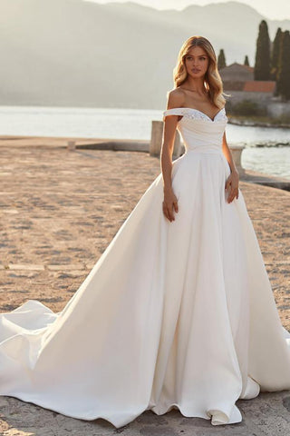 Modest Long A-line off the Shoulder Ruched Satin Wedding Dress with Crystals