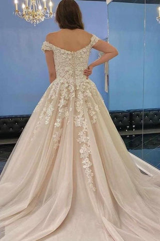 Vestido de novia modesto largo de corte A con hombros descubiertos, de tul y encaje