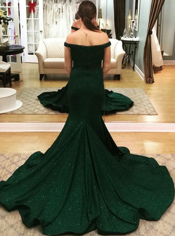 Robe de bal verte sirène longue et modeste à épaules dénudées