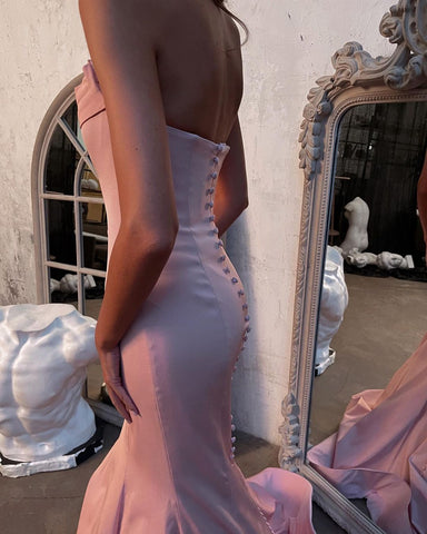 Vestido de fiesta largo de sirena sin tirantes, de satén rosa, modesto