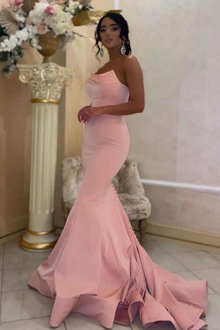 Vestido de fiesta largo de sirena sin tirantes, de satén rosa, modesto