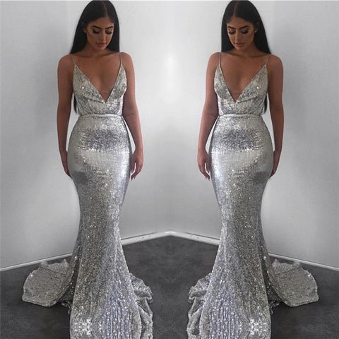 Vestido de fiesta largo de sirena, modesto, con escote en V, lentejuelas y espalda descubierta