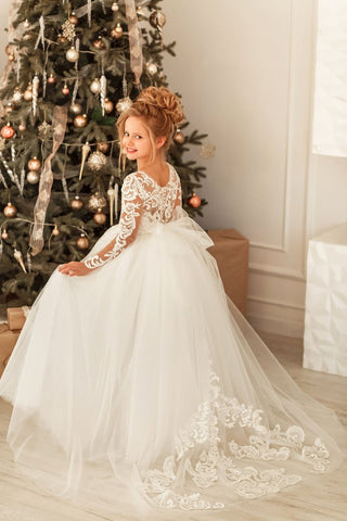 Modest Long Princess Tulle Lace Appliques flower girl dress with Sleeves