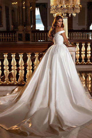 Modest Off-the-Shoulder Satin Wedding Dress with Detachable Sweep Train