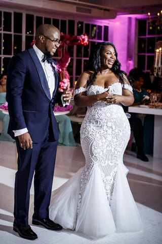 Vestidos de novia de encaje largos de sirena con hombros descubiertos, de talla grande y corte modesto