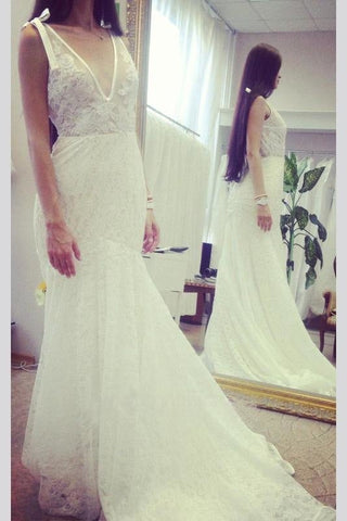 Neck Sleeveless Pretty Mermaid Gown With Deep V Back Long Lace Elegant Wedding Dresses