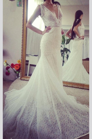 Neck Sleeveless Pretty Mermaid Gown With Deep V Back Long Lace Elegant Wedding Dresses