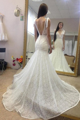 Neck Sleeveless Pretty Mermaid Gown With Deep V Back Long Lace Elegant Wedding Dresses