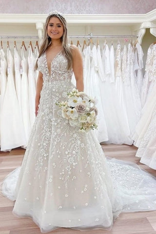 Nectarean V-Neck Sleeveless A-Line Floor-Length Lace Wedding Dresses with Chapel Train