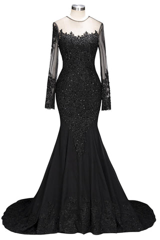 Nouvelle robe de bal sirène noire à manches longues en dentelle et sequins